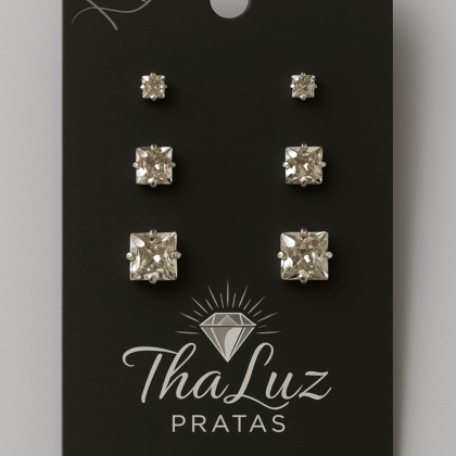 Trio Brincos Zircônia Quadrado