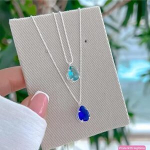 Colar Veneziana 45 cm com pingente gota 10x7 azul royal